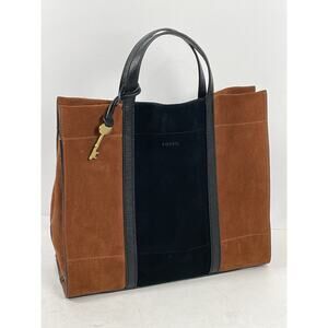 Fossil Carmen Shopper Tote Satchel Brown Black Genuine Leather Suede Key Charm